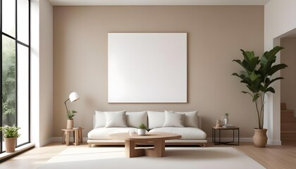 A minimalist living room with a large white canvas on the wall, a beige sofa, and a round wooden coffee table in the center.