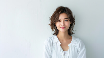 Obraz premium A lovely young Japanese woman with vibrant, healthy skin, casually styled with tousled hair, smiling warmly against a soft, textured background.