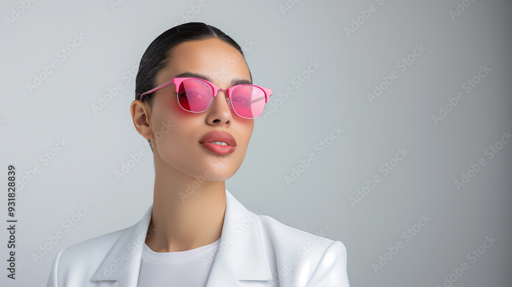 Wall mural A models wearing trendy round pink sunglasses, smiling against a pastel background, showcasing a fun and vibrant style.