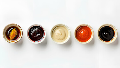Set of different sauces isolated on white background, top view