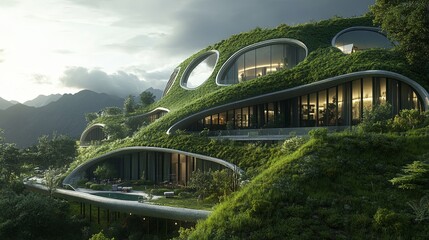 Fototapeta premium Architectural concept of a state-of-the-art eco-friendly hotel with green roofs and advanced insulation; high detail with clear focus and sophisticated lighting