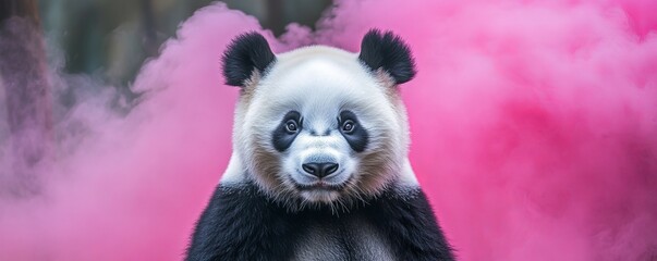 Obraz premium Cute panda standing in front of pink
