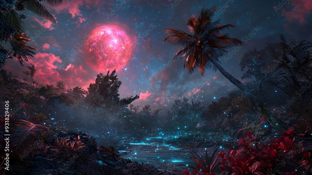 Wall mural tropical night landscape with glowing pink planet. digital art style. fantasy world and alien planet