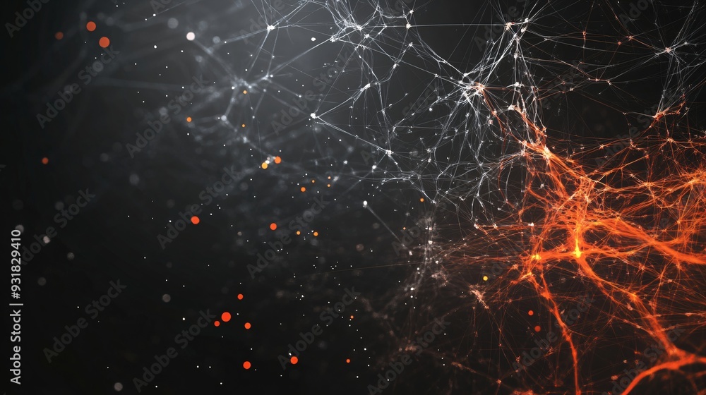 Poster neural network with orange and white connections. digital art style. brain connectivity and artifici