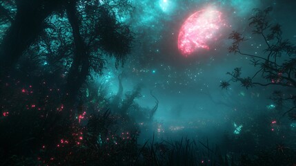 Fototapeta premium Mystical forest with glowing pink moon. Digital art style. Fantasy world and alien landscape concept. Design for game environments and science fiction book covers