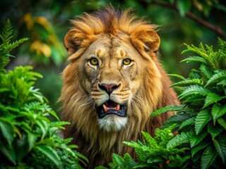 Fototapeta premium Feline Predator: Lion's growl, hunting instinct, crouched posture, vibrant green foliage