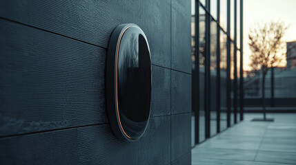 Modern black circular device mounted on an exterior dark wall with reflective glass windows and a blurred tree in the background.