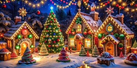 Fototapeta premium Festive Holiday Extravaganza: Joyful, sparkly, Christmas lights, decorated trees, gingerbread houses