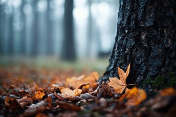 Fototapeta premium A tranquil forest scene featuring autumn leaves scattered on the ground, surrounded by misty trees and a sturdy tree trunk.
