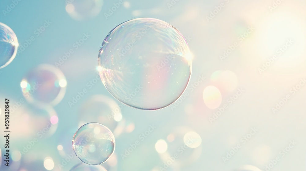 Poster iridescent soap bubbles floating on blurred background. macro photography style. fragile beauty conc