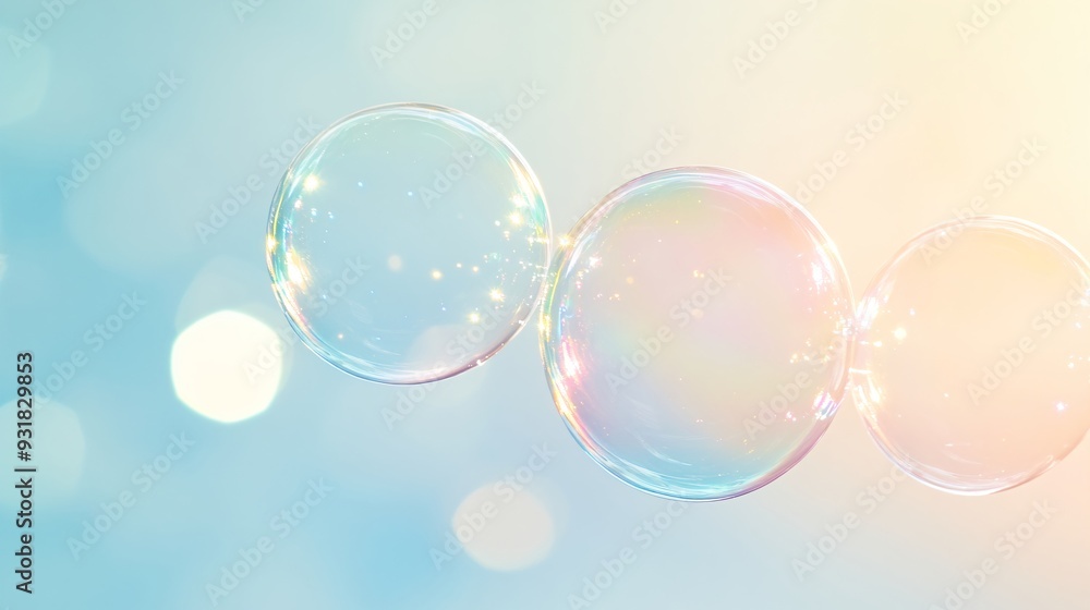 Poster iridescent soap bubbles floating on blurred background. macro photography style. fragile beauty conc