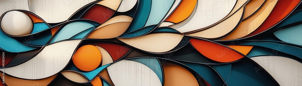 Poster a vibrant abstract composition featuring flowing shapes and colors, creating a dynamic visual experi