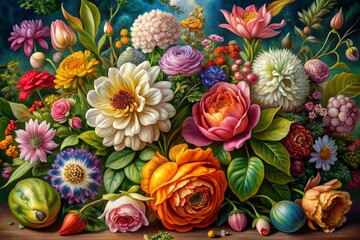 Fototapeta premium Floral Odyssey: Studio painting celebrating the beauty of flowers, with botanical illustrations, vibrant colors, and a focus on intricate details and realism.