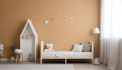 A cozy children's bedroom with a wooden bed frame, a plush white stuffed animal, and a minimalist wall decor with a simple frame.