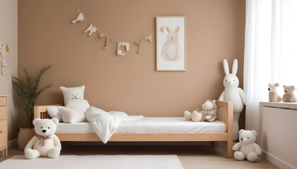 A cozy children's bedroom with a wooden bed frame, a plush white stuffed animal, and a minimalist wall decor with a simple frame.