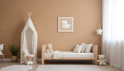 A cozy children's bedroom with a wooden bed frame, a plush white stuffed animal, and a minimalist wall decor with a simple frame.