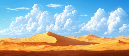 Majestic Desert Landscape with Rolling Sand Dunes and Fluffy White Clouds Under a Clear Blue Sky