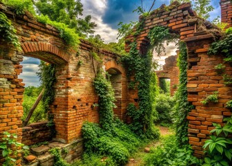 Naklejka premium Forgotten Remnants: Ancient brick structures overgrown with vines, weathered rubble, and forgotten artifacts, conveying a sense of timelessness and abandonment.