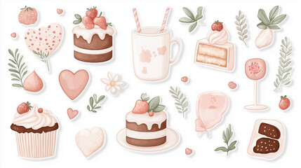 illustration stickers for wedding and party, light fresh color, cute items like cakes and crowns, keep long distance between elements, white background, clean background,