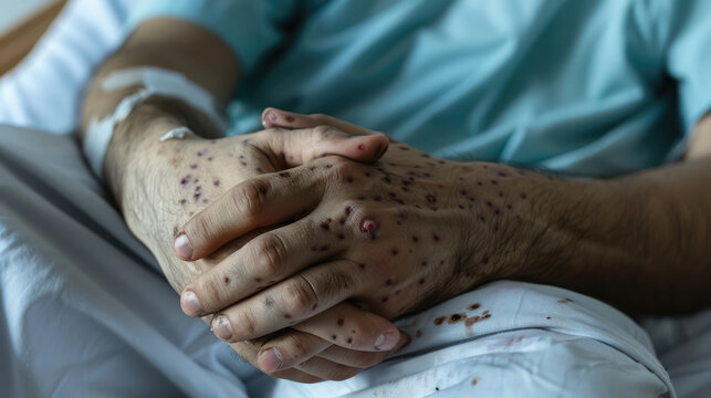 man's hands covered with rash, abscesses, wounds, pimples, monkeypox, smallpox, disease, hospital, treatment, person, people, skin, medicine, male, infection, virus, symptoms, enterovirus, parvovirus