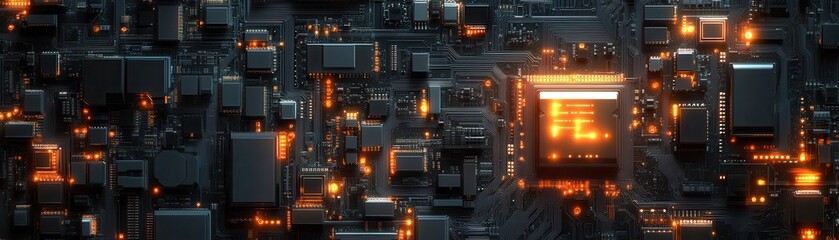 Obraz premium Futuristic Circuit Board with Glowing Orange Lights and Microchips in a High-Tech Electronic Environment