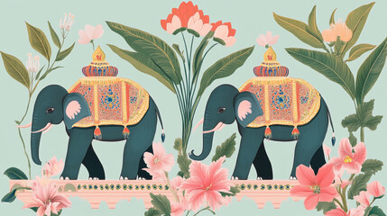 A Pichwai Floral Painting with Traditional Elephants, Digital painting, Flat Illustration