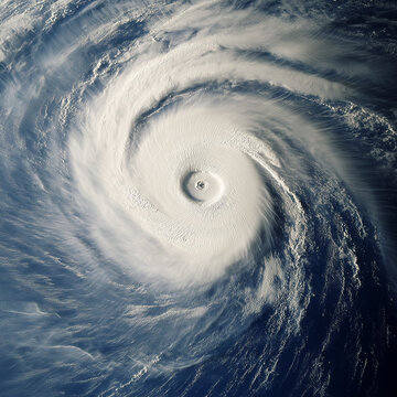 A powerful tropical cyclone swirling in the open ocean, seen from above.