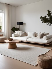 Scandinavian living room in loft with minimalist design, a living room filled with furniture