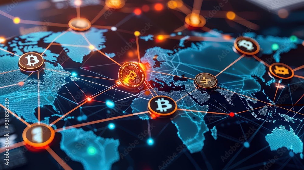 Poster a global map with a network of interconnected bitcoin symbols