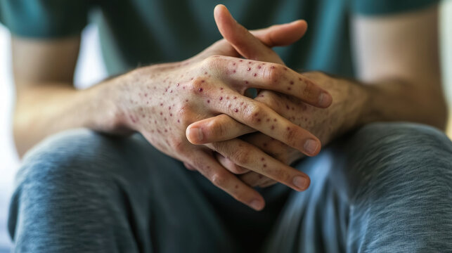 man's hands covered with rash, abscesses, wounds, pimples, monkeypox, smallpox, disease, hospital, treatment, person, people, skin, medicine, male, infection, virus, symptoms, enterovirus, parvovirus
