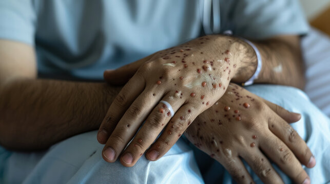 man's hands covered with rash, abscesses, wounds, pimples, monkeypox, smallpox, disease, hospital, treatment, person, people, skin, medicine, male, infection, virus, symptoms, enterovirus, parvovirus
