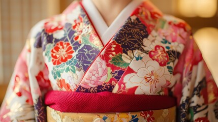 Naklejka premium Traditional Japanese Kimono with Intricate Floral Patterns
