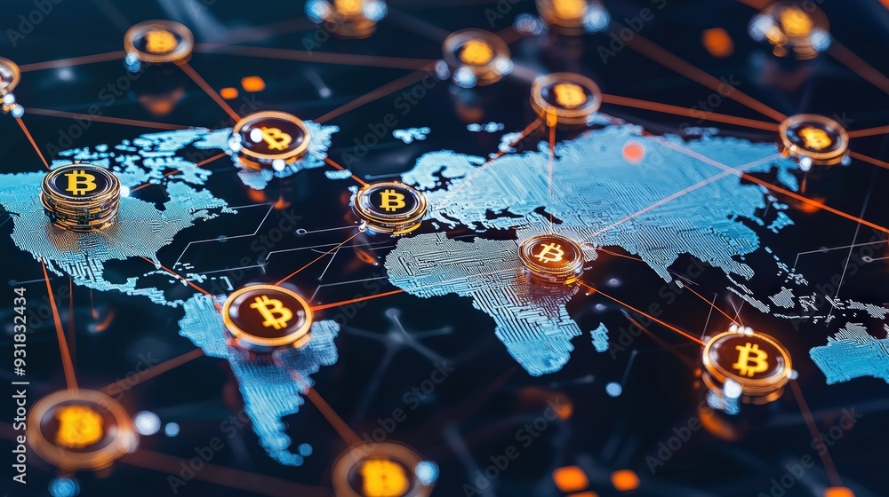 Poster a network of connected cryptocurrency symbols over a world map
