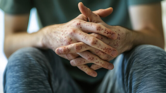 man's hands covered with rash, abscesses, wounds, pimples, monkeypox, smallpox, disease, hospital, treatment, person, people, skin, medicine, male, infection, virus, symptoms, enterovirus, parvovirus