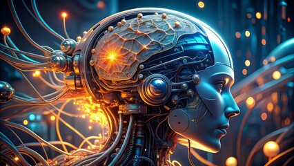 * Neural networks implanted within mechanical parts, a fusion of flesh and metal, humming with electronic life in a world of neon rain and concrete skies.