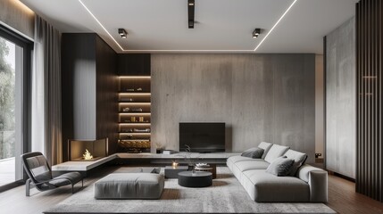 A modern living room showcases sleek furniture, a cozy fireplace, and large windows for natural light