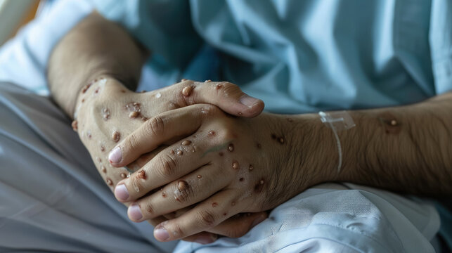 man's hands covered with rash, abscesses, wounds, pimples, monkeypox, smallpox, disease, hospital, treatment, person, people, skin, medicine, male, infection, virus, symptoms, enterovirus, parvovirus