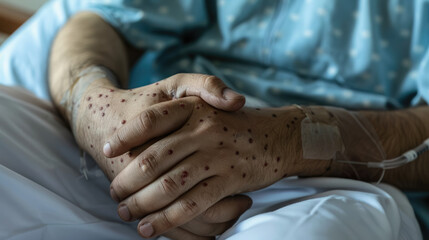 man's hands covered with rash, abscesses, wounds, pimples, monkeypox, smallpox, disease, hospital, treatment, person, people, skin, medicine, male, infection, virus, symptoms, enterovirus, parvovirus