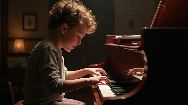 Passionate Young Pianist: Child Musician Practicing on Grand Piano in Dimly Lit Room
