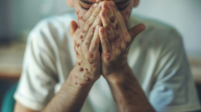 man's hands covered with rash, abscesses, wounds, pimples, monkeypox, smallpox, disease, hospital, treatment, person, people, skin, medicine, male, infection, virus, symptoms, enterovirus, parvovirus