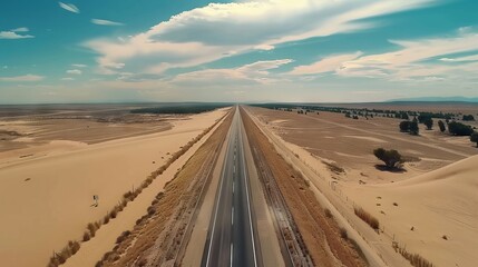 Naklejka premium top view of the road in the middle of the desert