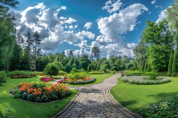 Obraz premium Serene Garden Pathway Under a Bright Sky