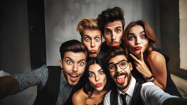 Grupo de amigos haciendo caras graciosas mientras se toman un selfie, poniendo caretos capturando un momento divertido y espont&aacute;neo.