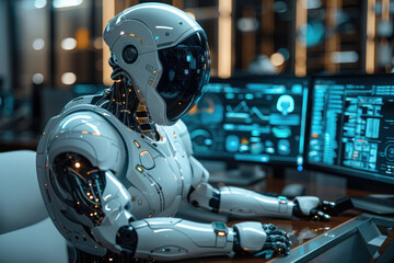 Fototapeta premium Humanoid AI robot assists with office tasks
