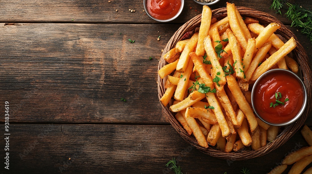 Poster An overhead shot of a basket of freshly fried French fries garnished with fresh herbs and placed on a rustic table setting creating a high-end dining experience Camera lens 50mm Stock Photo with copy