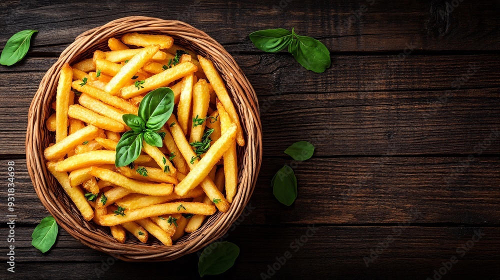 Poster An overhead shot of a basket of freshly fried French fries garnished with fresh herbs and placed on a rustic table setting creating a high-end dining experience Camera lens 50mm Stock Photo with copy