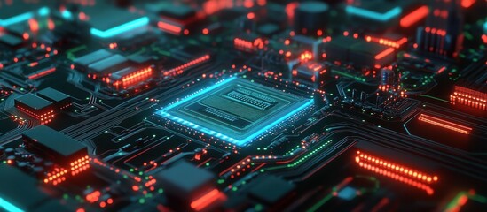 Close-up of a Glowing Microchip on a Circuit Board with Neon Lights in a Futuristic Technology Setting