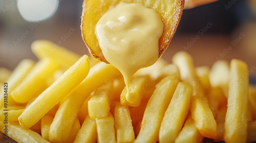 Poster A close-up image of French fries being dipped into a smooth sauce showing the texture of the fries and the richness of the sauce in a luxurious dining context Camera lens 50mm Stock Photo with copy