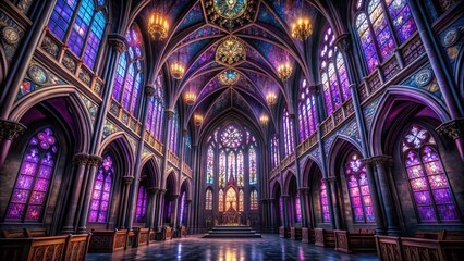 Naklejka premium Gothic Elegance with Dark Ambience: Stained glass windows, intricate tracery, deep purples, and hauntingly detailed architecture