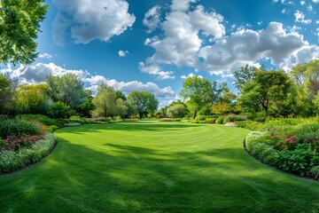 Fototapeta premium Lush Green Garden Under a Bright Blue Sky
